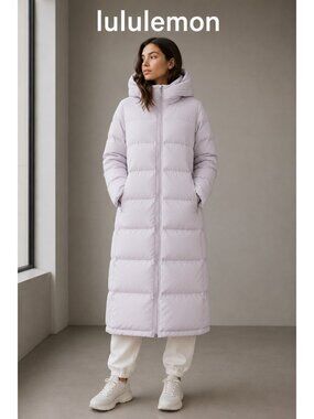 Lululemon Long Hooded Down Puffer Jacket Lavender Pink Goose Down Winter Coat 14